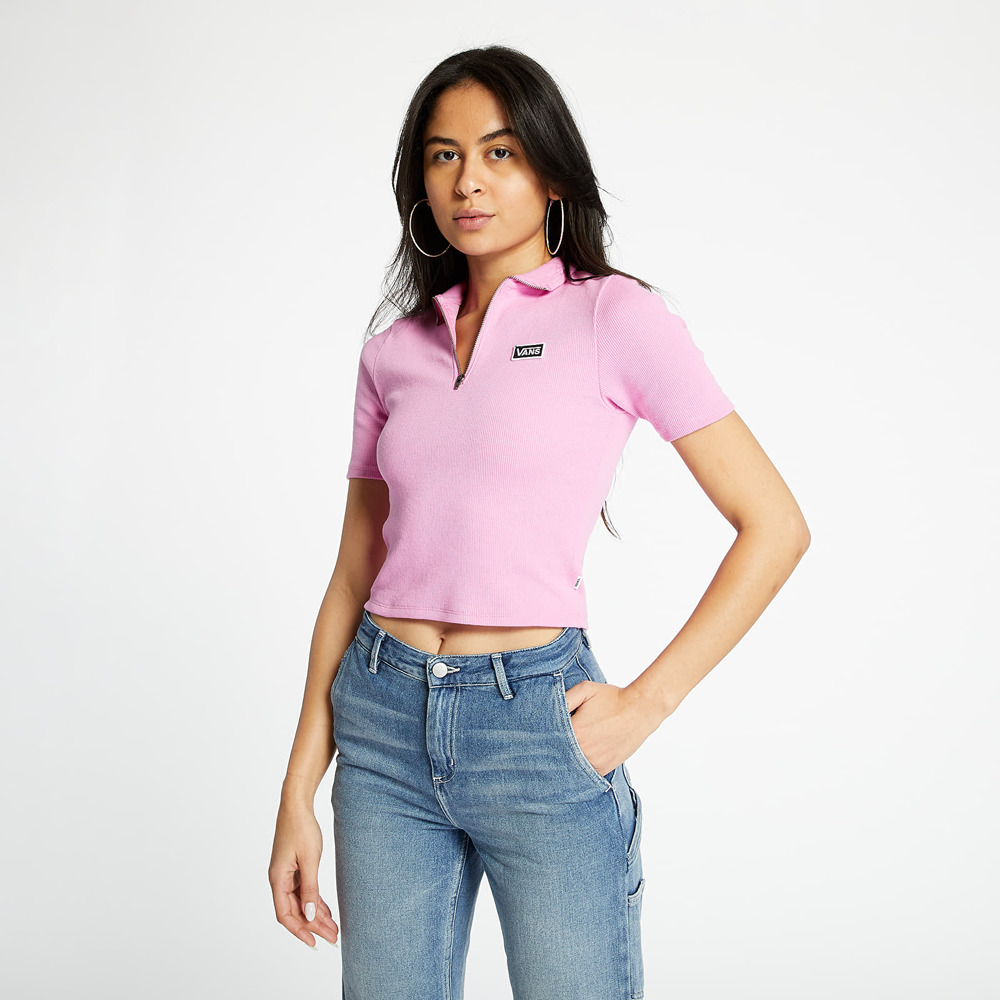 Vans | Pink Ribbed Short Sleeve 1/4 Zip Polo Top